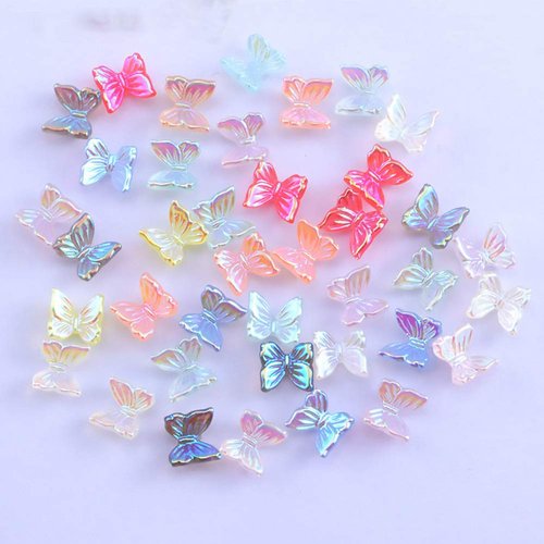 SUKPSY 50 Pcs 3D Mix Color Cute Butterfly Resin Nail Art Decorations Aurora Glitter Nail Charm Ornaments for Nail Art Design Manicure Accessories