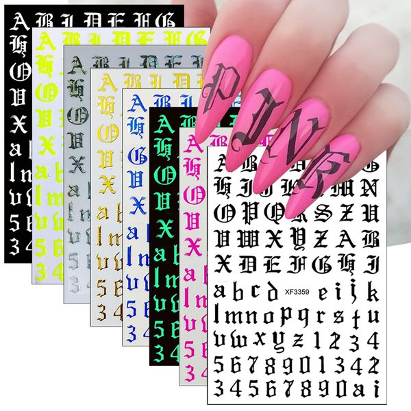 8 Sheets Old English Nail Sticker 3D Self-Adhesive Pegatinas Uñas Old Alphabet Nail Decals Holographic English Font Letters Metallic Gold Silver Black White Alphabet Design Nail Art Supplies for Women