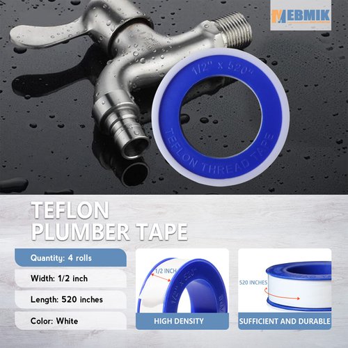 4 Rolls Teflon Tape,Plumbers Tape(1/2 Inch X 520 Inches),PTFE Tape for Sealing Tape,Plumbing Tape,Sealant Tape,Thread Seal Tape for Shower Head,Water Pipe,Prevent Leakage,Thicker