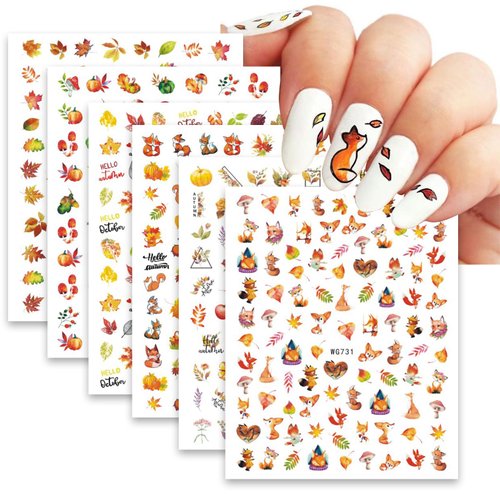 6 Sheets Autumn Nail Art Stickers Fall Maple Leaves 3D Self-Adhesive Nail Decals Fox Owl Pumpkin Mushroom Nail Art Designs Stickers Thanksgiving Nail Decorations Nail Supplies for Women Manicure DIY