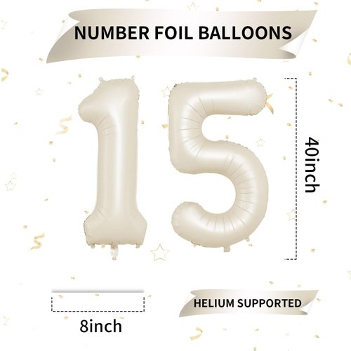 Biapian 40 Inch Cream Number 15 Balloon, 15th Birthday Balloons, Big Digital 15 or 51 Beige White Giant 15 Foil Balloon Helium for 51st 15th Birthday Decorations Anniversary Baby Shower Party Supplies