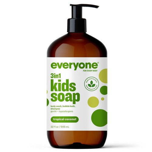 Everyone 3-in-1 Kids Soap, Body Wash, Bubble Bath, Shampoo, 32 Ounce (Pack of 1), Tropical Coconut, Coconut Cleanser with Plant Extracts and Pure Essential Oils