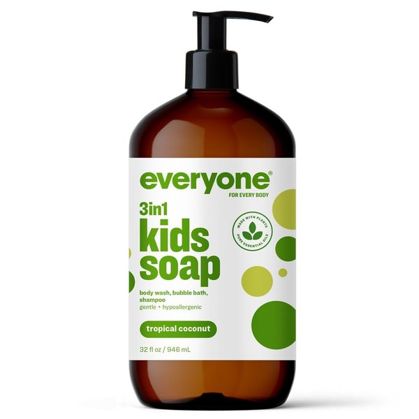Everyone 3-in-1 Kids Soap, Body Wash, Bubble Bath, Shampoo, 32 Ounce (Pack of 1), Tropical Coconut, Coconut Cleanser with Plant Extracts and Pure Essential Oils