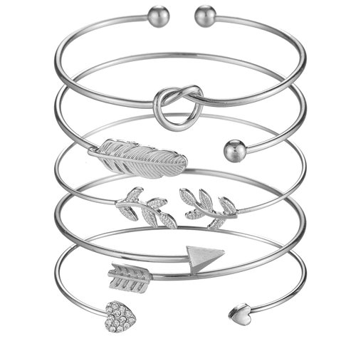 Softones 5pcs Bangle Silver Bracelets for Women Girls Heart|Olive Leaf|Arrow|Feather|Knot Heart Open Cuff Bracelet Set Adjustable
