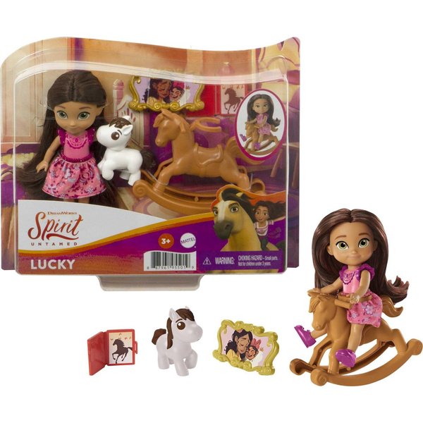 Mattel Spirit Untamed Young Lucky Doll (Approx. 4-in) with 5 Movable Joints & Story Accessories Incuding Rocking Horse & Small Horse