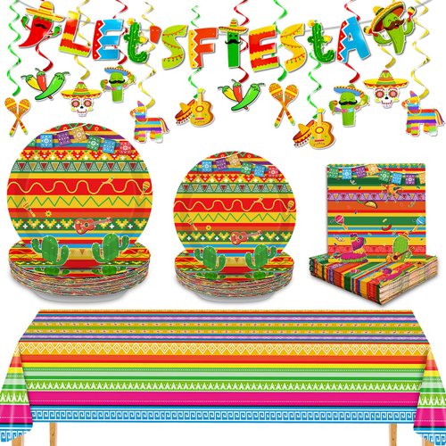 86 Pcs Mexican Party Decorations, Fiestas Party Decorations Supplies Tableware Set Serves 24, Include Paper Plates, Napkins, Hanging Swirls, Tablecloth, Banner for Cinco De Mayo Dcecorations Birthdays