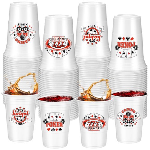 Ziliny 48 Pcs Casino Party Cups 16 oz Casino Theme Party Decorations Casino Plastic Disposable Poker Las Vegas Cup Hot Cold Drink for Birthday Wedding Party Decorations(Casino Night)