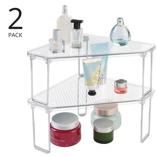 mDesign Plastic/Steel Corner Stackable Rack, Storage Organizer Shelf for Bathroom, Vanity, Countertop, Sink, Cabinet, Holds Makeup, Shower Accessories, Ligne Collection - 2 Pack - Clear