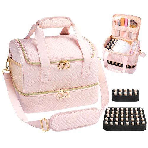 Veirdro Nail Polish Organizer Bag Holds 50 Bottles (15ml/0.5fl.oz)& Nail Lamp, Soft Velvet Nail Kit Storage Carrying Case with Shoulder Strap, Double Layer Nail Supplies Organizer Handbag Women (Pink)