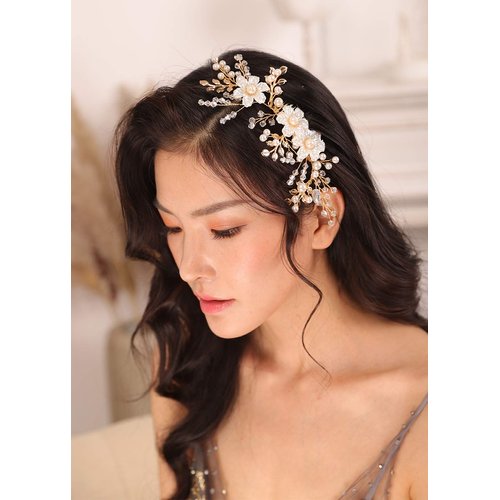 Kercisbeauty Gold Hair Comb with Pearl and Crystal Wedding Bridal Headpiece for Her Branch Hair Piece Garden Wedding White Flower Headpiece for Women
