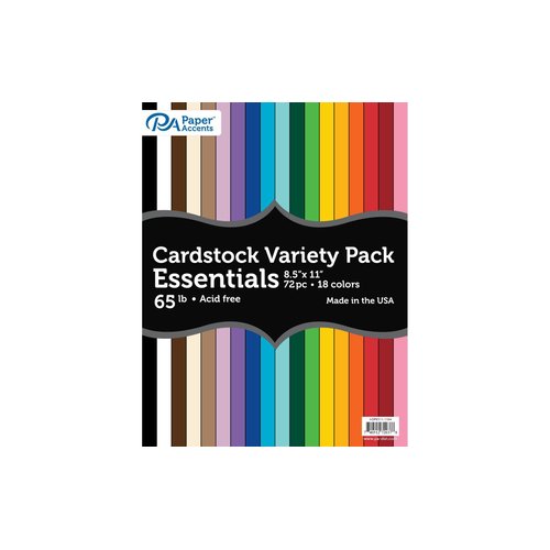 Paper Accents Variety Pack 8.5" x 11" 72pc 65 lb Essential Colored Cardstock Paper, 4 Sheets Each of 18 Colors Include: White, Black and Shades of Brown, Purple, Blue, Green, Yellow, and red.