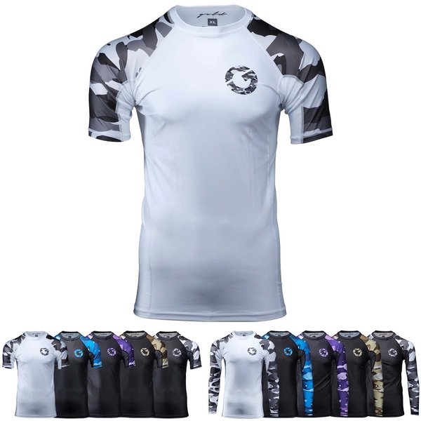 Gold BJJ Jiu Jitsu Rashguard - Camo Short Sleeve Rash Guard Compression Shirt for No-Gi, Gi, & MMA (White Camo, XXL)