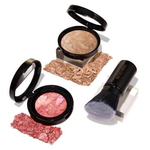 LAURA GELLER NEW YORK Blush-n-Balance 3pc Kit Baked Balance-N-Brighten Color Correcting Foundation, Medium + Retractable Kabuki Brush + Baked Blush-N-Brighten, Tropic Hues