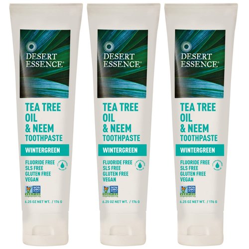 Desert Essence Tea Tree Oil & Neem Toothpaste - Essential Oil of Wintergreen, Baking Soda & Sea Salt - Promotes Healthy Mouth, Plaque & Cavity Prevention - Fluoride-Free, SLS Free, Vegan - 6.25oz