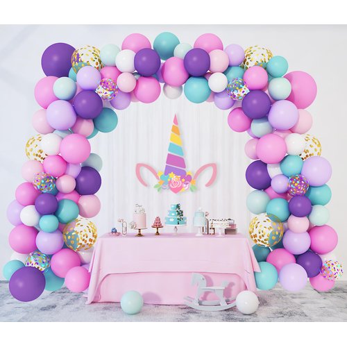 Amandir 138pcs Unicorn Balloons Arch Garland Kit, Unicorn Birthday Party Decorations for Girls Confetti Light Purple Aqua Blue Pink Balloons Set Wedding Baby Shower Party Supplies