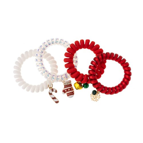 MADISON TYLER Christmas Spiral Hair Ties for Women | Elastic Hair Ties with Jingle Bells Snowflake Colorful Christmas Glove Candy Cane Charm | Holidy Gift 4PCS