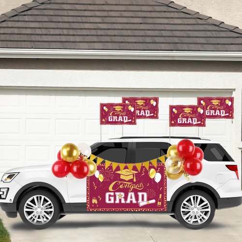2024 Graduation Party Decorations Congrats Grad Parade Car Decoration Kit Class of 2024 Graduation Car Banner Flags Balloons for High School Collage Graduation Party Supplies（Maroon and Gold）