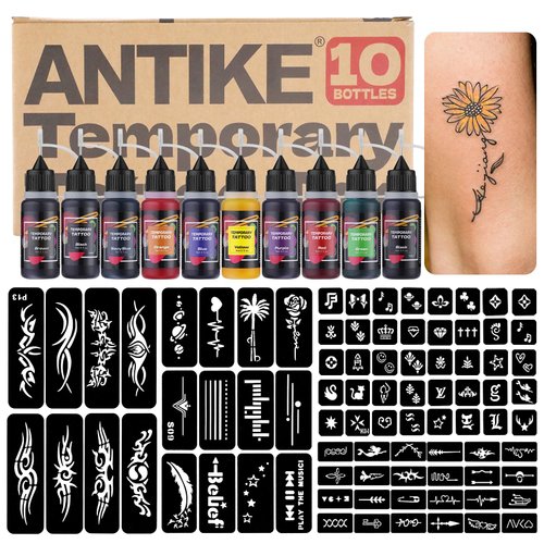 ANTIKE Temporary Tattoo Kit,10 Bottles Temporary Tattoo Ink 0.5oz with 84Pcs Tattoo Stencils,DIY Fake Tattoo for Women Men Kids Body Art Painting ZYH2312333KIT