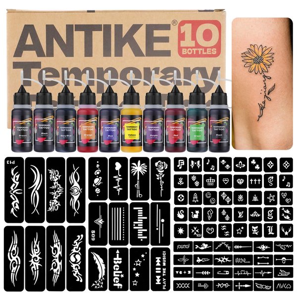 ANTIKE Temporary Tattoo Kit,10 Bottles Temporary Tattoo Ink 0.5oz with 84Pcs Tattoo Stencils,DIY Fake Tattoo for Women Men Kids Body Art Painting ZYH2312333KIT