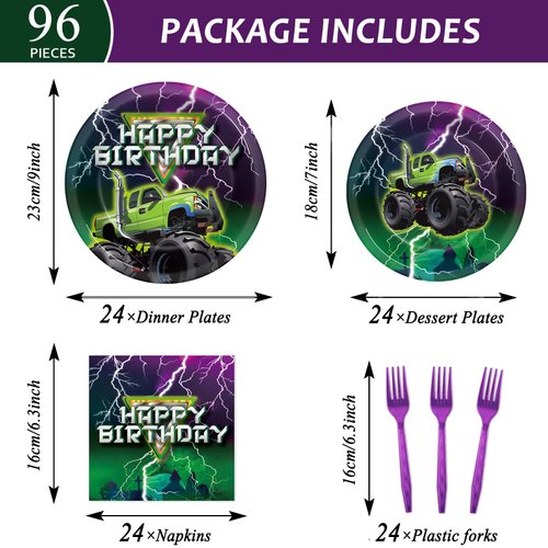 96Pcs Green Purple Monster Truck Party Plates and Napkins for Monster Truck Birthday Party Supplies Racing Car Paper Dessert Plates Baby Shower Tableware Set for Kids Boys 24 Guests Party Decorations