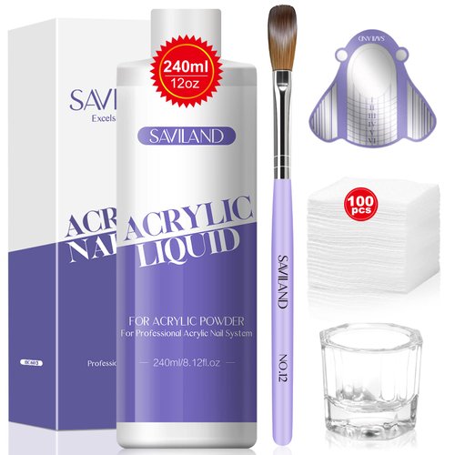 Saviland EMA Monomer Acrylic Nail Liquid 8oz: Low Odor EMA Nail Brush Size 12 for Acrylic Powder with Nail Forms Dappen Dish Cleaning Pads Acrylic Nail Tools for Beginners DIY Nail Extension