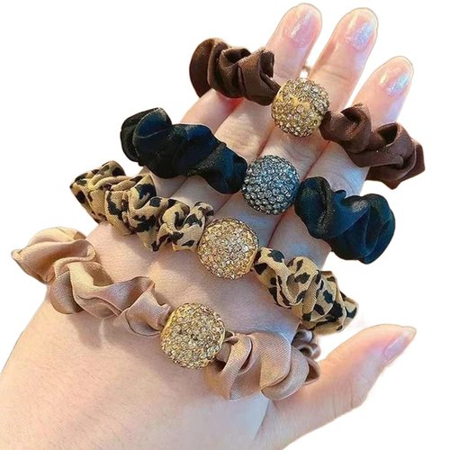 Xiwstar 4Pcs Elastic Rhinestone Beads Scrunchies Hair Ties Silk Satin Leopard Print Hair Elastics Bands Ponytail Holder Hair Accessories