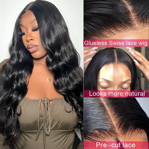 BASEMMAHER 26 Inch Body Wave Lace Front Wigs Pre-Plucked Glueless Wigs Wave Lace Front Wigs Natural Black Synthetic Artificial Fiber Human Hair Lace Frontal Wigs for Women