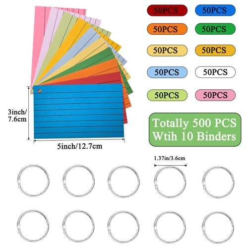 Urmspst 500Pcs Index Cards with 10 Rings, 3 x 5 Inches Ruled Index Cards, Colored Index Flash Cards, Lined on Both Side Colored Notecards for Study, Learning, Memory, Recipe (10 Colors)