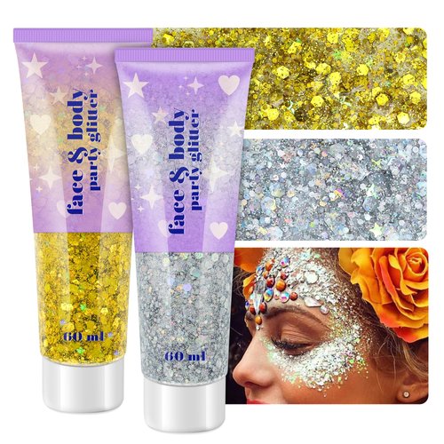 Holographic Face Glitter Gel, 120ml Body Shimmer Makeup for for Hair, Face, Arm, Nail, Eyeshadow, 2 Jars Long Lasting Waterproof Iridescent Sequins Party Glitter for Rave Festival (Gold & Silver)