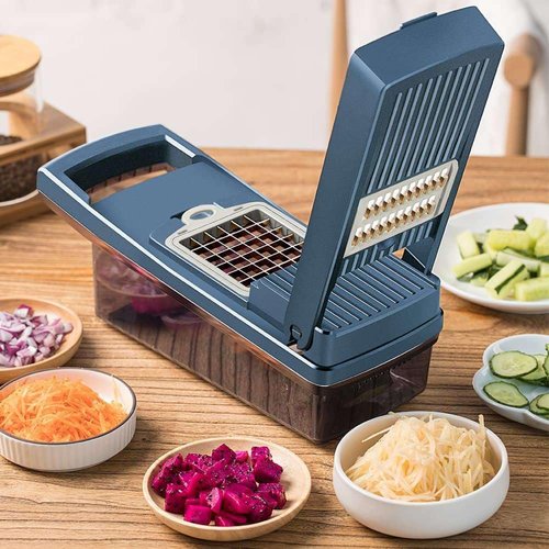 Fruit Vegetable Cutter Kitchen Multitool Mandoline Manual 15 in 1 Onion Vegetable Slicer Blue