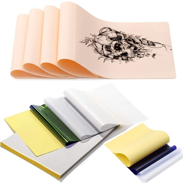 Tattoo Practice Skin with Transfer Paper, Damsale Tattoo Fake Skin and Tattoo Tracing Paper Kit Including 10PCS Double Sided Skin and 20PCS Tattoo Stencil Paper for Tattoo Practice Tattoo Supplies