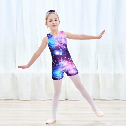 JESKIDS Leotards for Girls Gymnastics with Shorts Dance Biketards Tumbling Matching Hair Scrunchie Cosmic 10-11 Years