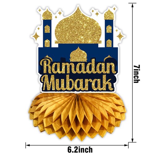 Ramadan Mubarak Honeycomb Centerpiece Decoration Table Toppers Eid Mubarak Holiday Party Honeycomb Desk Toppers Party Supplies Ramadan Kareem Honeycomb Table Centerpieces Party Favors - 6 Counts