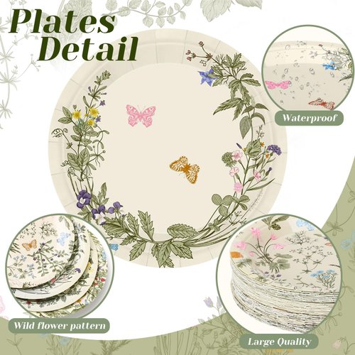 Sunnyray 80 Pcs Wild Floral Party Plates 7 in Wildflower Disposable Dessert Dinner Paper Plates Dinnerware Decor Wedding Plates for Garden Birthday Tea Party Baby Shower Supplies(Retro Style)