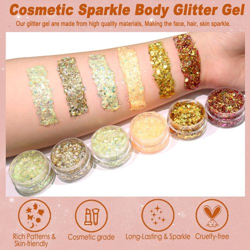 Boko 6pcs Body Glitter Gel, 60ML Total Gold Chunky Glitter Gel for Face Hair Body Glitter Makeup, Cosmetic Face Glitter Sequins for Halloween Christmas Mardi Gras Concert Party Rave Accessories