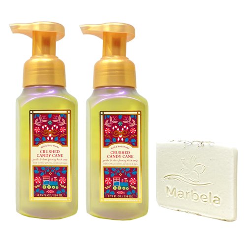 Bath & Body Works Crushed Candy Cane 2 Pack Gentle Foaming Hand Soap Bundle with a Natural Oats Sample Soap