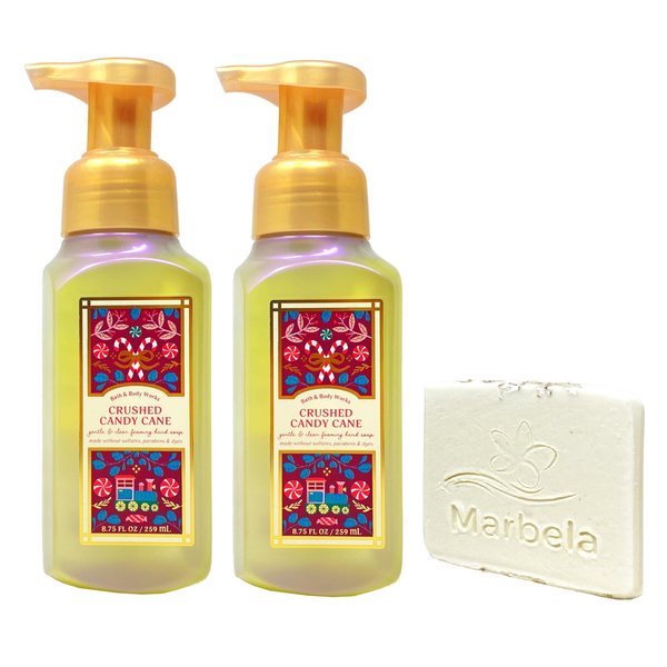 Bath & Body Works Crushed Candy Cane 2 Pack Gentle Foaming Hand Soap Bundle with a Natural Oats Sample Soap