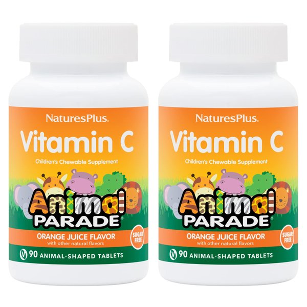 NaturesPlus Animal Parade Sugar-Free Children's Vitamin C, Natural Orange Juice Flavor - 90 Chewable Animal Shaped Tablets, Pack of 2 - Immune Support - Gluten Free - 90 Servings