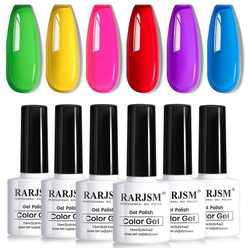 RARJSM Neon Jelly Gel Nail Polish Set 6pcs Clear Crytal Glass Yellow Blue Green Red Pink Purple T...