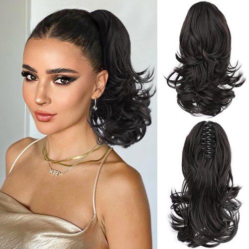 FREEMEIGE Ponytail Extension,Short Claw Clip Ponytail Hair Extensions Curly Pony Tails for Women Hair Extensions Natural Looking Soft Synthetic Hair Ponytail Extension for Women (Brown Black)