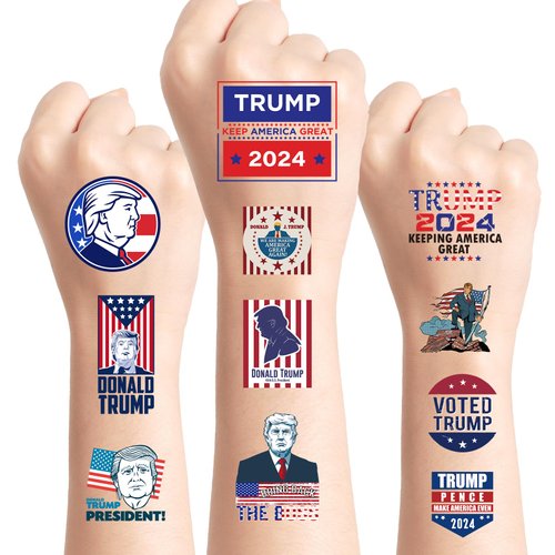 Waterproof Trump Temporary Tattoos Stickers - 6 Sheets Funny 2024 American Presidential Election Fake Tattoo, American Flags Temporary Tattoos for Adult Male Arm and Neck Personalized Fake Tattoo