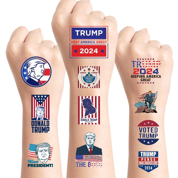 Waterproof Trump Temporary Tattoos Stickers - 6 Sheets Funny 2024 American Presidential Election Fake Tattoo, American Flags Temporary Tattoos for Adult Male Arm and Neck Personalized Fake Tattoo