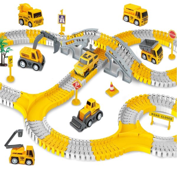 CEGCO Kids Construction Toys, 258pcs Construction Race Tracks for Kids Toys, 1 Electric Cars, 6 Construction Cars, Flexible Track Play Set, Engineering Gifts for 3 4 5 6 Year Old Boys Girls