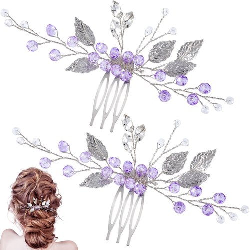 PAGOW 2PCS Leaf Hair Combs, Purple Rhinestone Hair Comb Clips, Hair Side Comb Clips, Crystal Wedding Headpiece Hair Accessories For Women, Girls, Bride, Bridesmaid (4.73 x 2.76 inch)