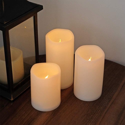 DRomance Outdoor Flameless Flickering Candles Waterproof and Heat Resistant, Warm Light Battery Operated LED Pillar Candles with Timer and Remote Set of 3(White, 3" D x 4" 5" 6" H)