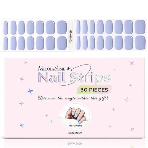 MelodySusie Semi Cured Gel Nail Strips,Misty Blue- Works with Any Nail Lamps, Salon-Quality, Long Lasting, Easy to Apply & Remove - Includes 30Pcs, Free Stickers, 2 Prep Pads, Nail File & Wooden Stick