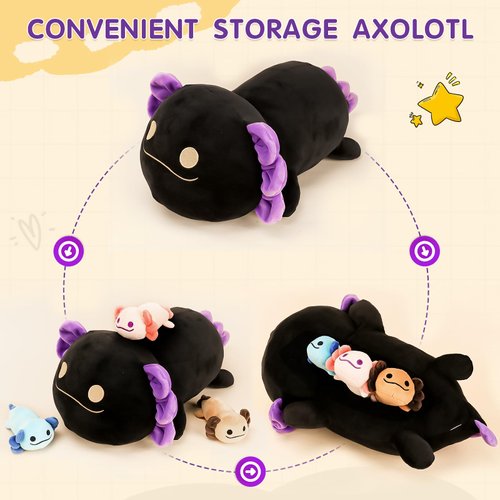 Toys for Girls Ages 3 4 5 6 7 8+ Years -16" Black Axolotl Mommy Stuffed Animal with 3 Baby Axolotl in Her Tummy, Cute Salamander Plush Toys Set, Toys for Baby, Toddler, Kids, Christmas, Birthdays Gift