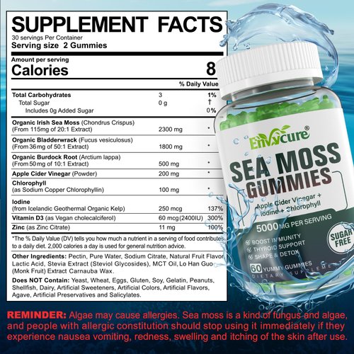 Sugar-Free Sea Moss Gummies 5000mg, Extra Strength Irish Moss Gel Supplement with Iodine, Chlorophyll, Unfiltered ACV, D3, Burdock Root, Bladderwrack for Immune, Digestive, Joint, Skin,Vegan 120 Chews