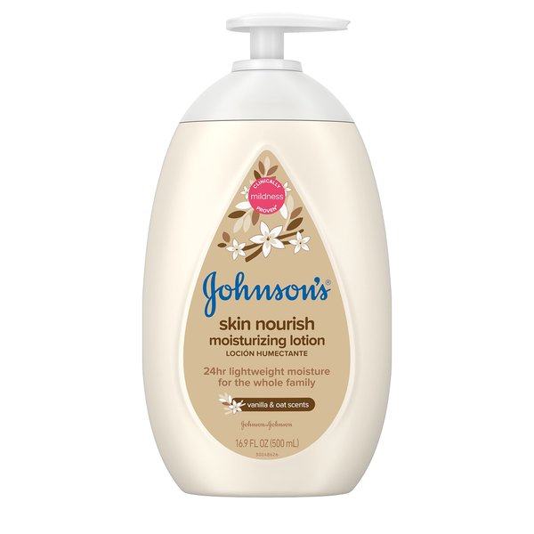 Johnson's Baby Skin Nourish Moisturizing Baby Lotion for Dry Skin with Vanilla & Oat Scents, Gentle & Lightweight Body Lotion for The Whole Family, Hypoallergenic, Dye-Free, 16.9 fl. oz