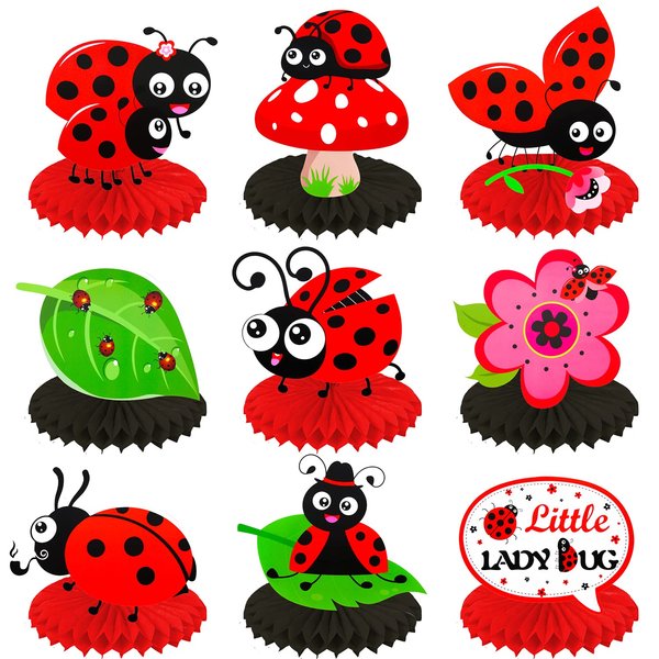 9Pcs Little Ladybug Party Table Decoration Ladybug Party Honeycomb Centerpieces Ladybug Baby Shower Decorations for Girls' Birthday Party Supplies